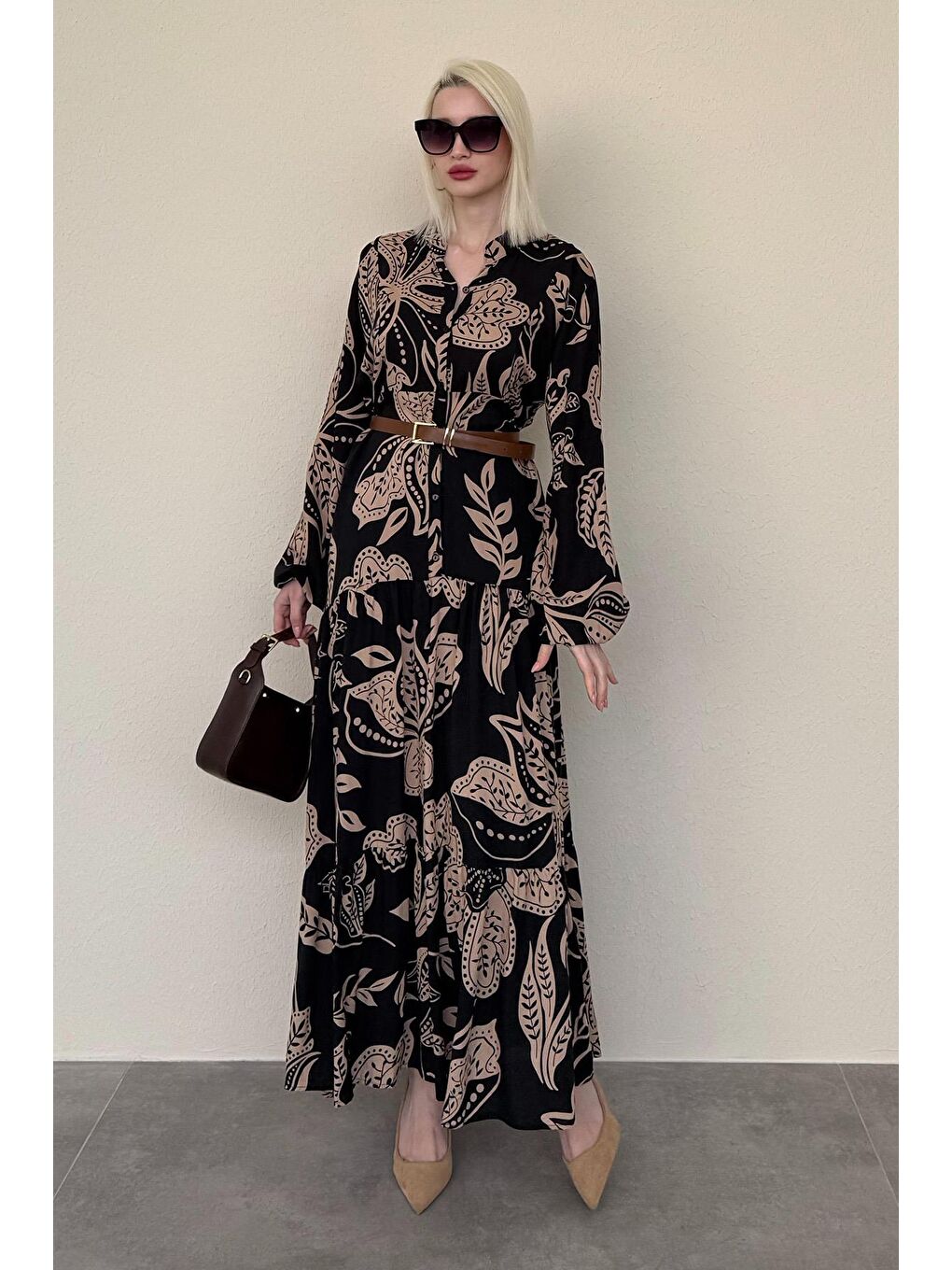 Siyah Desenli Düğmeli Uzun Kollu Elbise Mg2397