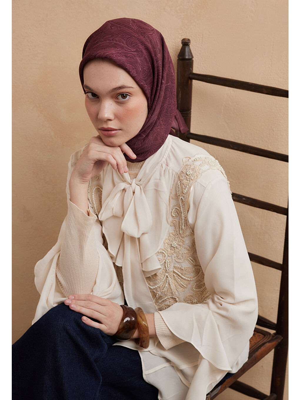 Mürdüm Reına Desen Pamuk İpek Eşarp Erik Çürüğü-1