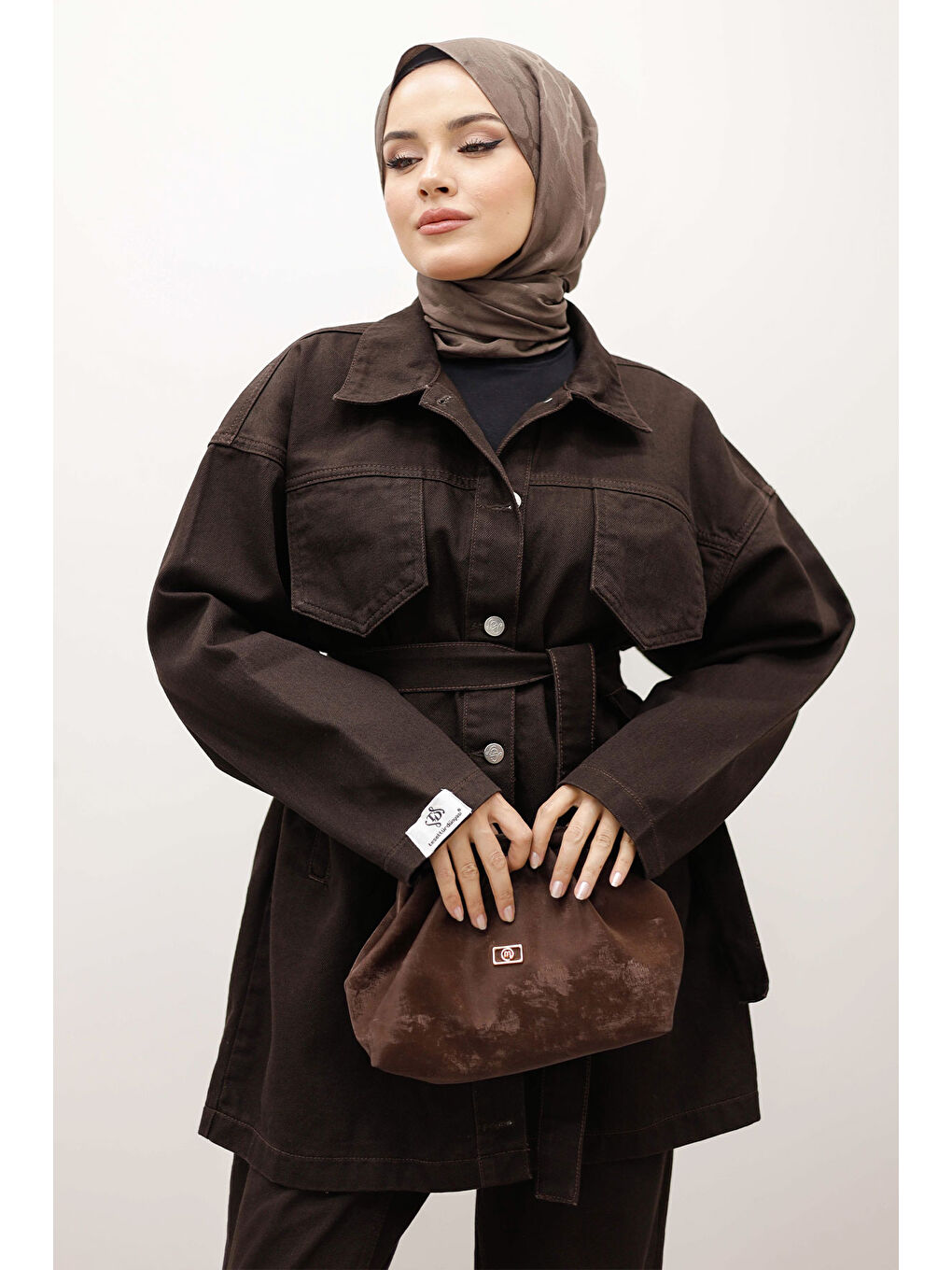 Kahverengi Kemerli Denim Takım TSD250231 Acı Kahve-1