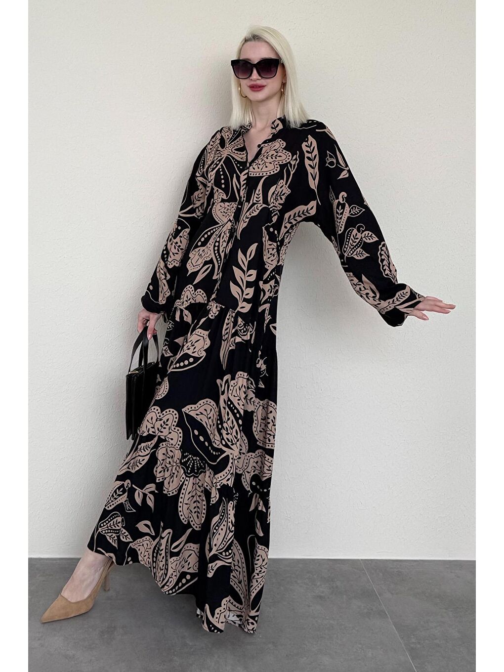 Siyah Desenli Düğmeli Uzun Kollu Elbise Mg2397-1