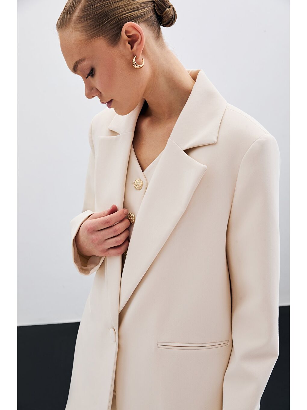 Ön Tek Düğmeli Uzun Ceket - Bej-3