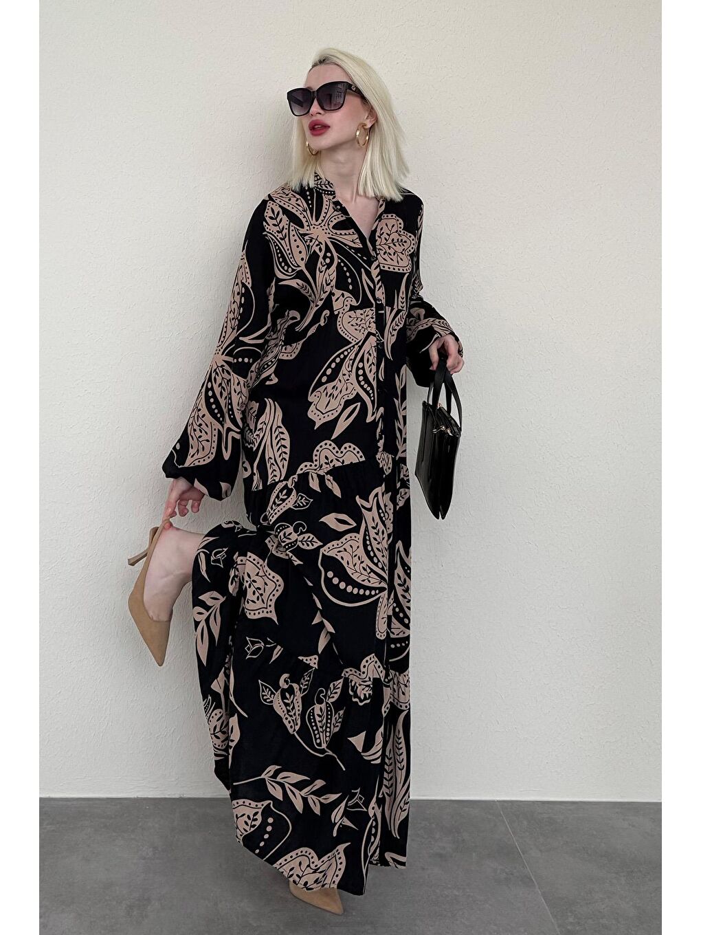 Siyah Desenli Düğmeli Uzun Kollu Elbise Mg2397-2
