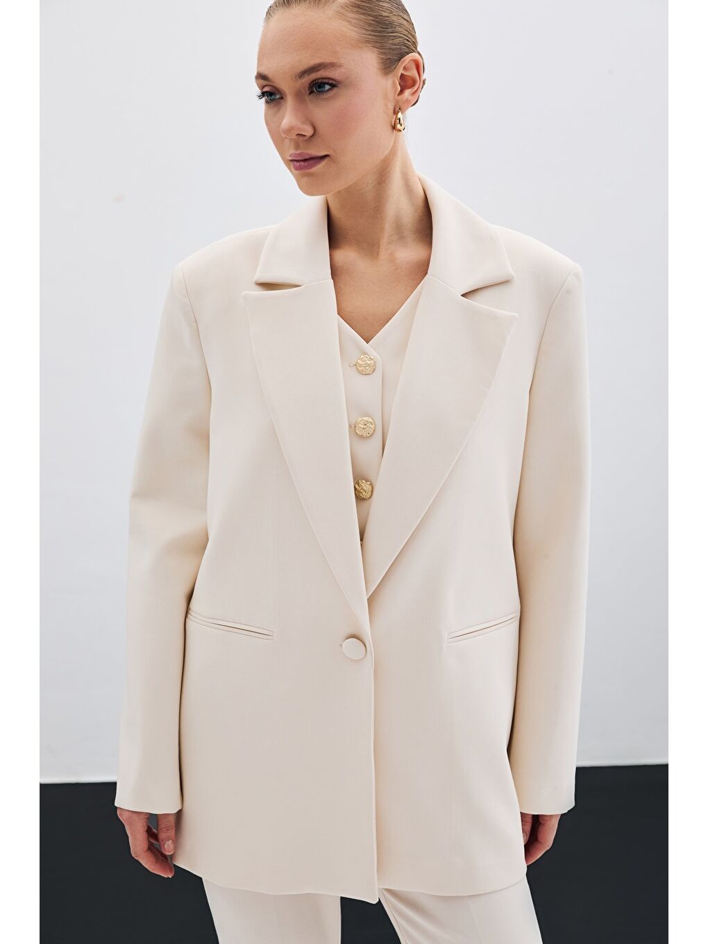 Ön Tek Düğmeli Uzun Ceket - Bej-4