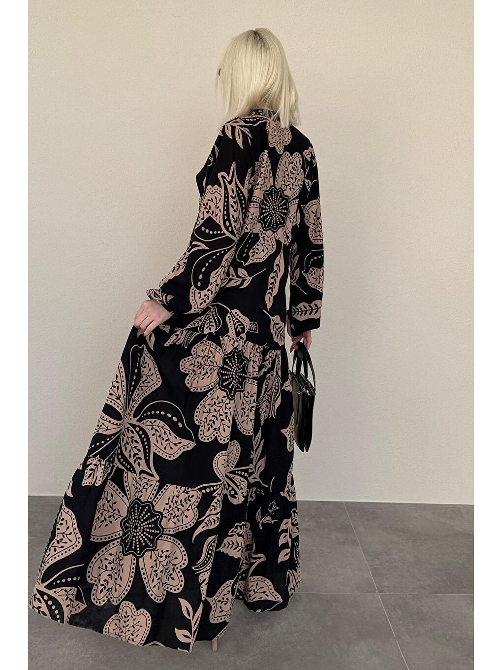 Siyah Desenli Düğmeli Uzun Kollu Elbise Mg2397-3