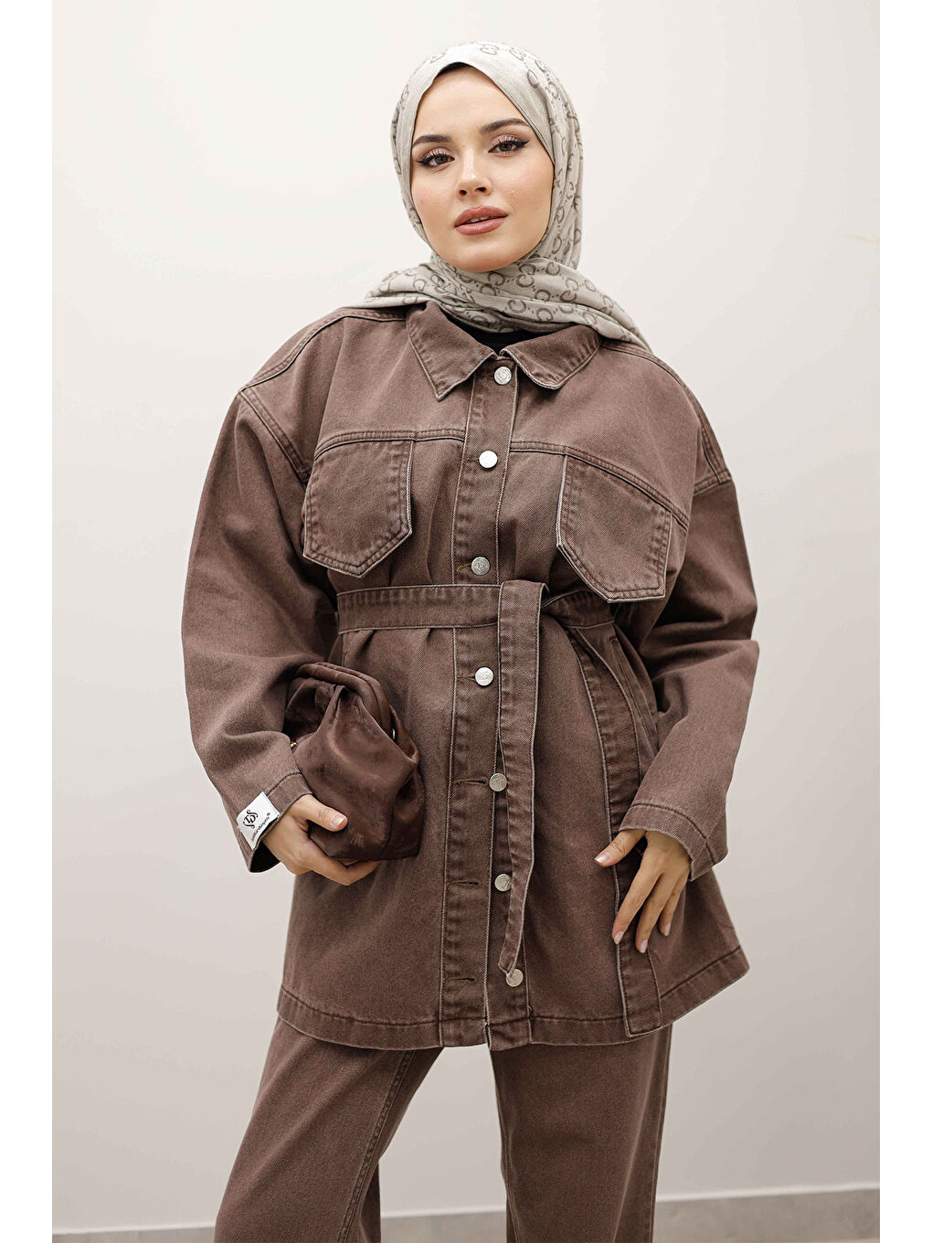 Kahverengi Kemerli Denim Takım TSD250231 Sütlü Kahve-1