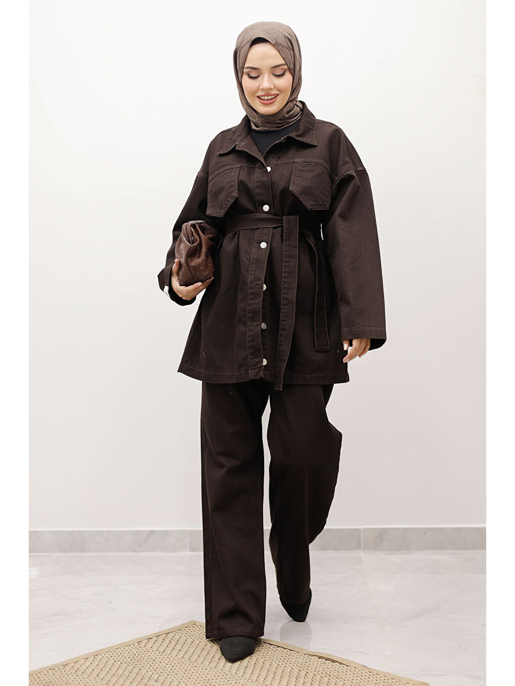 Kahverengi Kemerli Denim Takım TSD250231 Acı Kahve-2