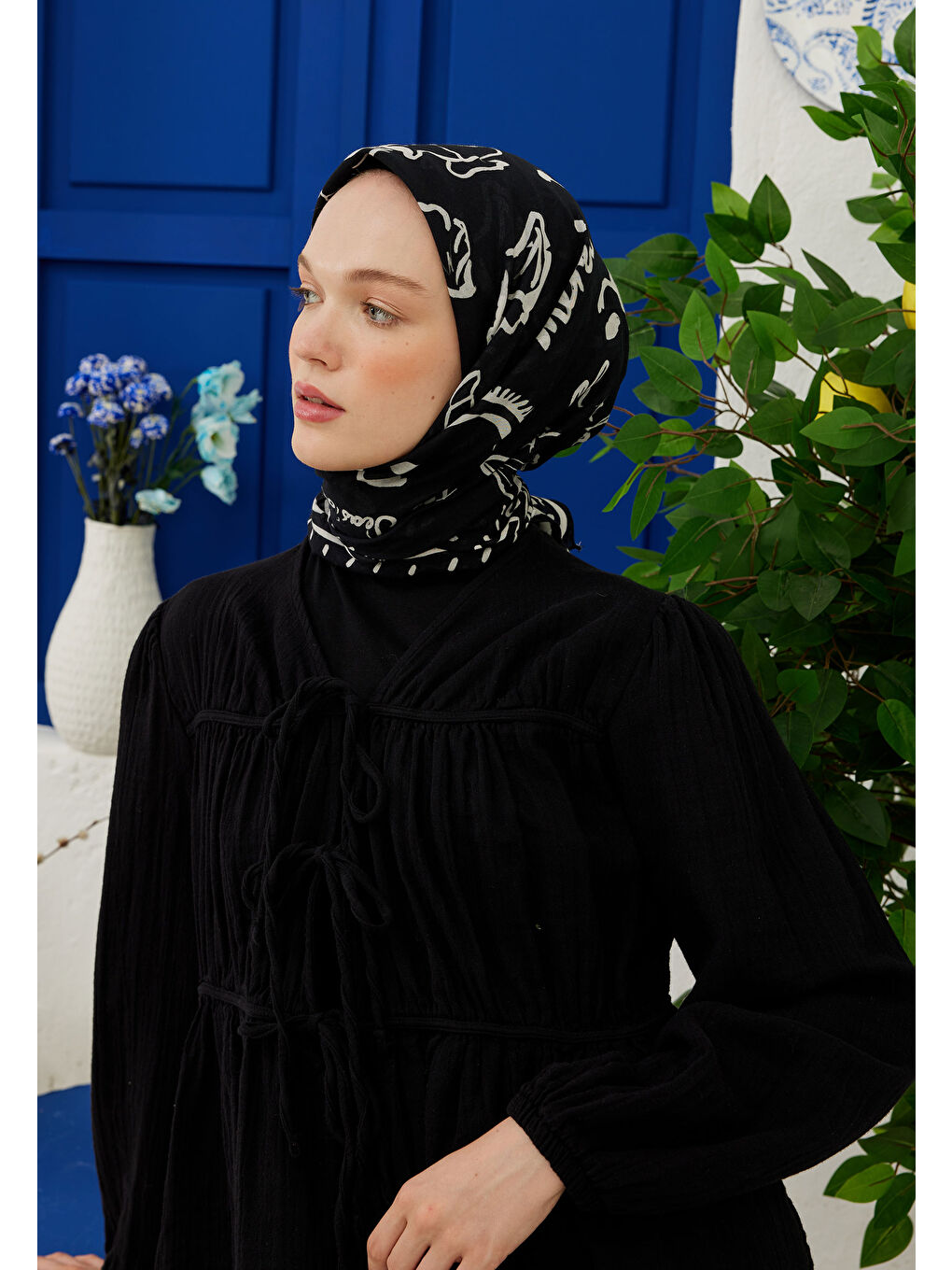 Summer Vibes Desen Pamuk Vual Eşarp Siyah