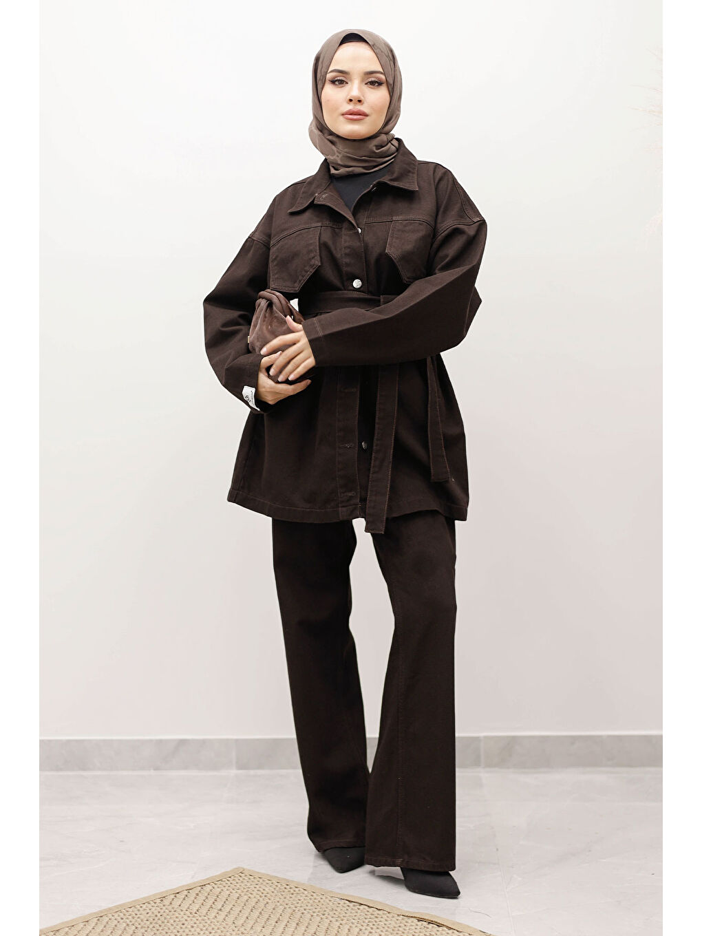 Kahverengi Kemerli Denim Takım TSD250231 Acı Kahve-3