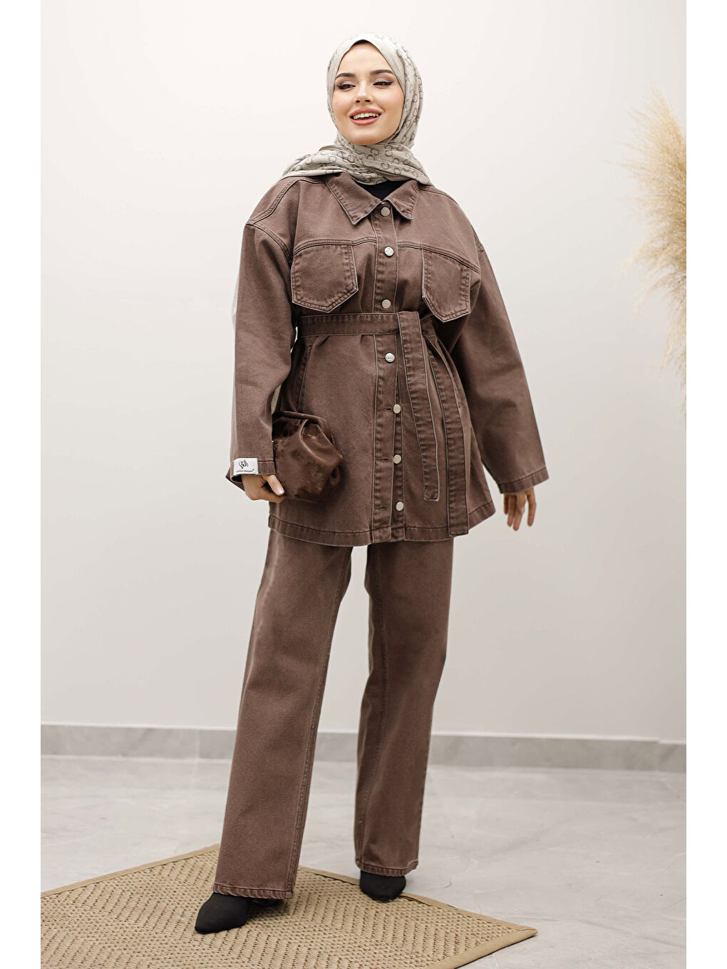 Kahverengi Kemerli Denim Takım TSD250231 Sütlü Kahve-2