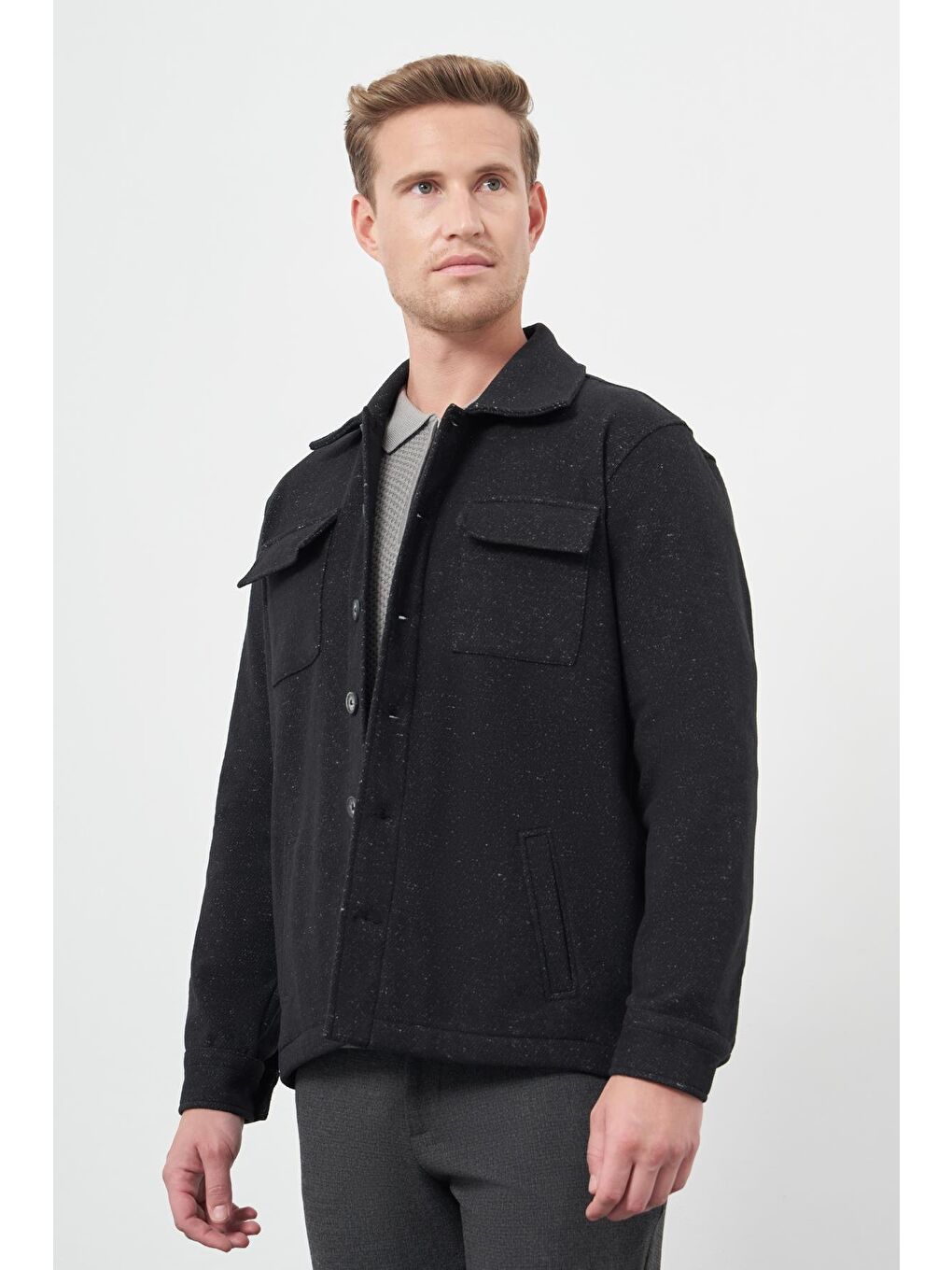 Siyah Örme Polo Yaka Jakarlı Desen Yırtmaçsız Astarsız Slim Fit Classic Mont 1007245160-2