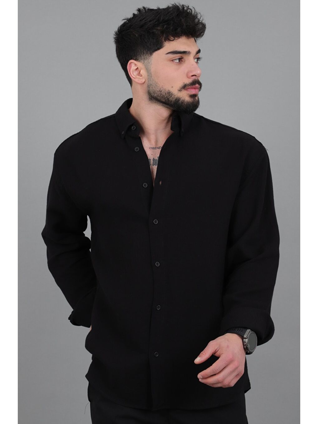 Siyah Oversize Müslin Yazlık Uzun Kol Gömlek MRS 202_40417