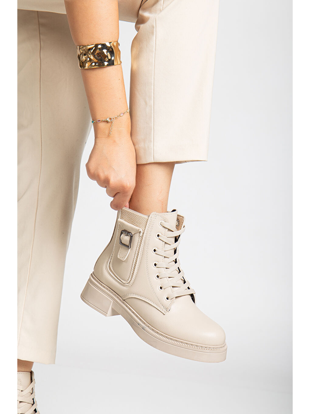 Bej D1780 Soğuk Geçirmez Kışlık Kadın Bot & Bootie-2