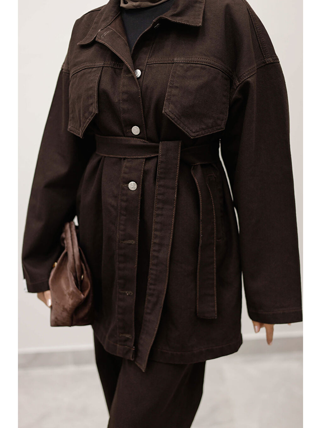 Kahverengi Kemerli Denim Takım TSD250231 Acı Kahve-4