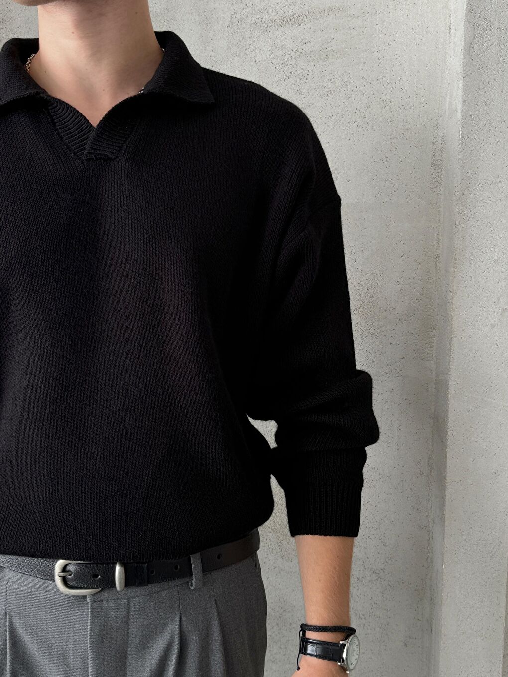 Siyah Erkek Polo Yaka Örme Oversize Kazak-2