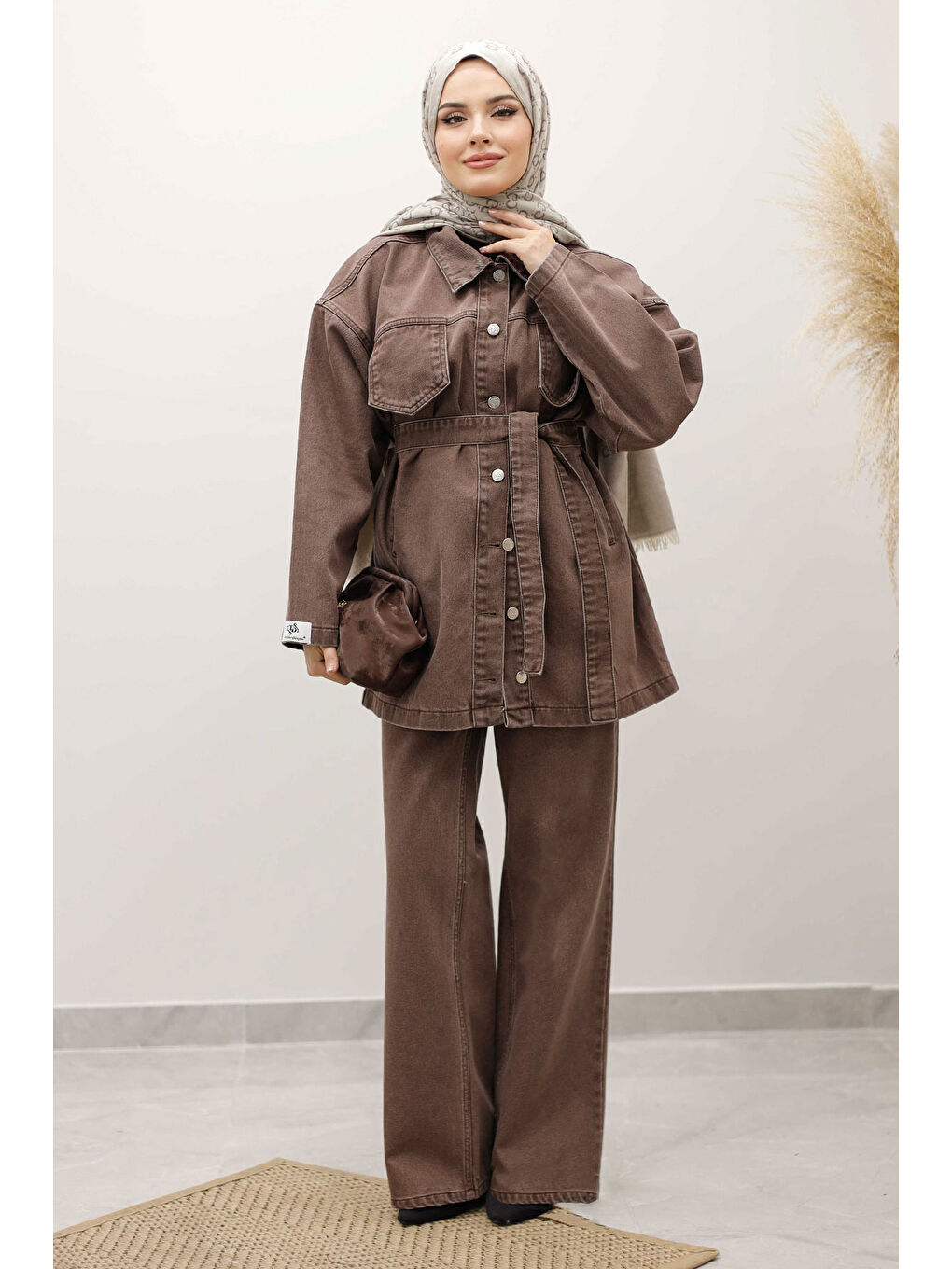 Kahverengi Kemerli Denim Takım TSD250231 Sütlü Kahve-3