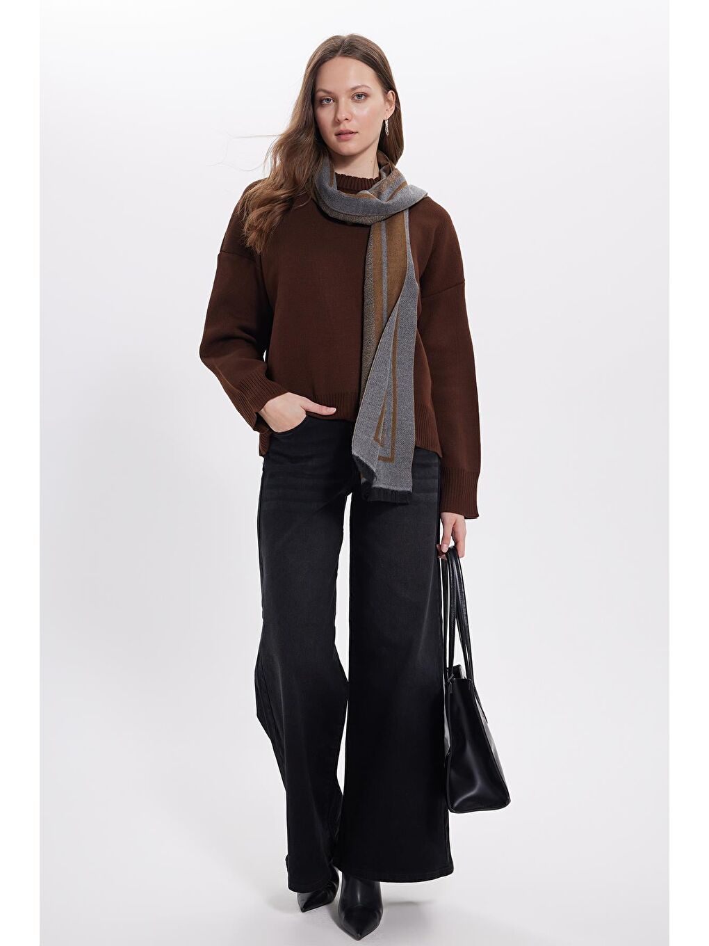 Kadın Oversize Geniş Kesim Bisiklet Yaka Kahverengi Kazak-2