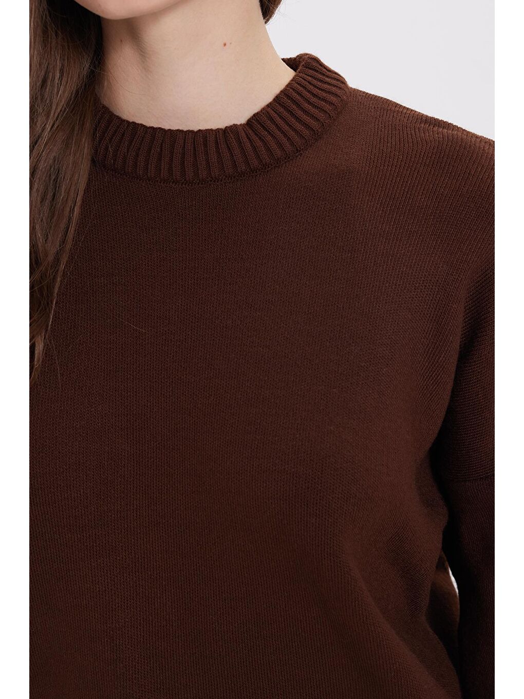 Kadın Oversize Geniş Kesim Bisiklet Yaka Kahverengi Kazak-3