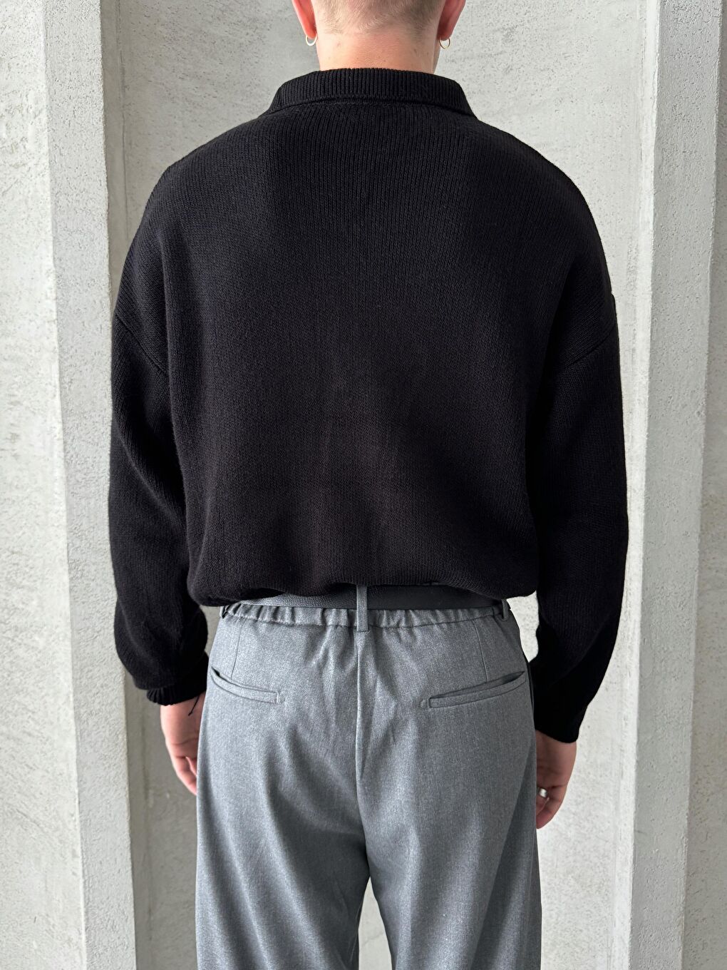 Siyah Erkek Polo Yaka Örme Oversize Kazak-4