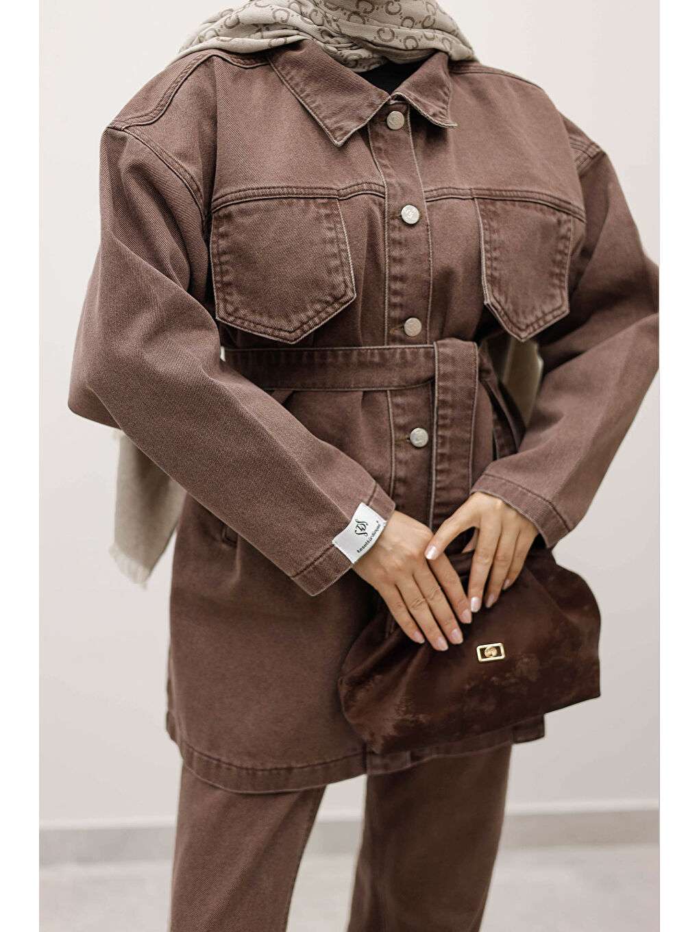 Kahverengi Kemerli Denim Takım TSD250231 Sütlü Kahve-4