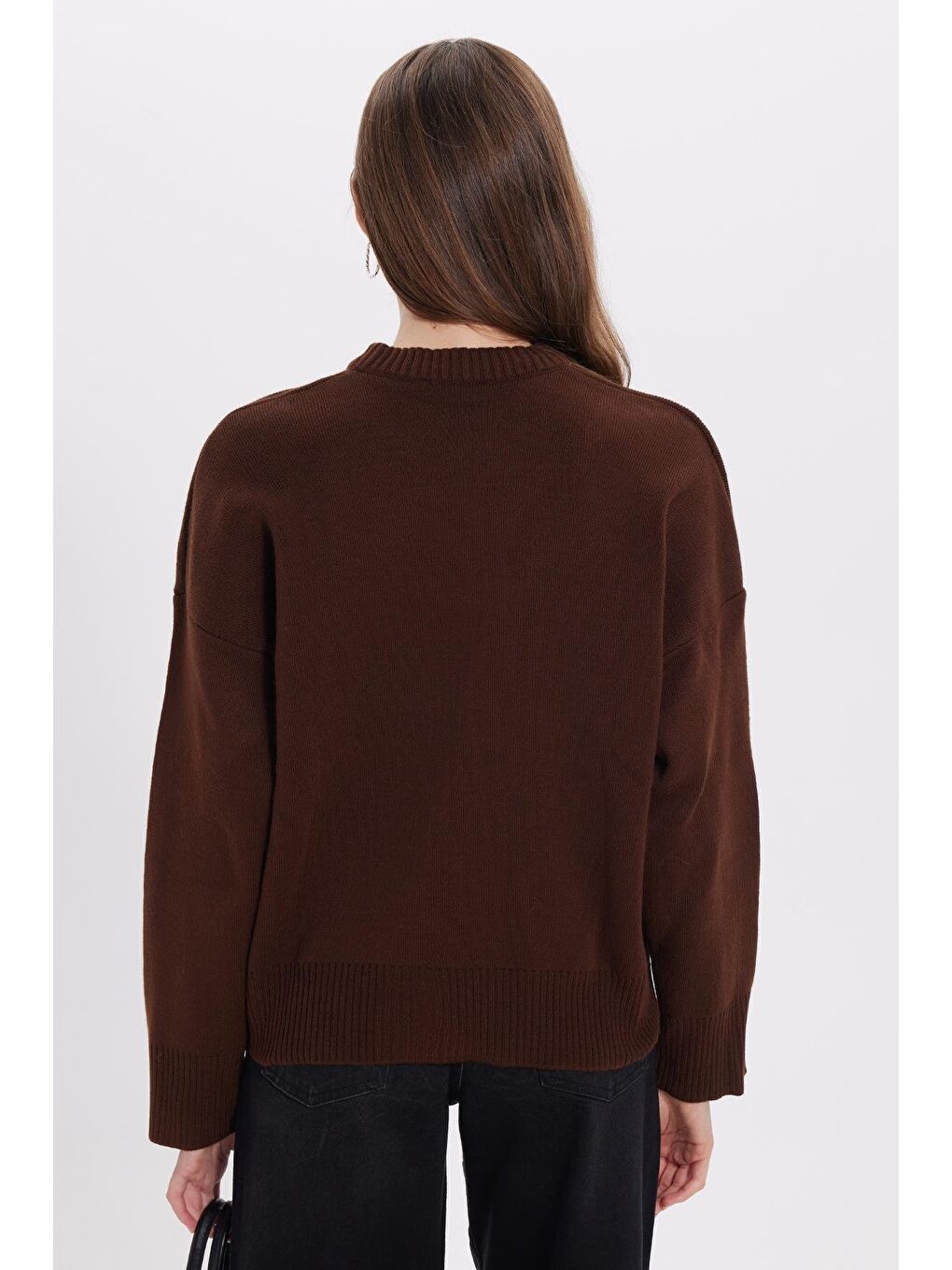 Kadın Oversize Geniş Kesim Bisiklet Yaka Kahverengi Kazak-5