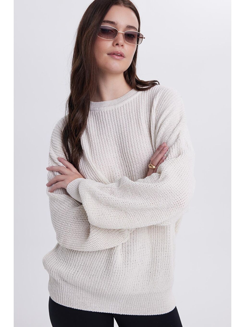 Kadın Oversize Geniş Kesim Örme Detaylı Bisiklet Yaka Ekru Kazak