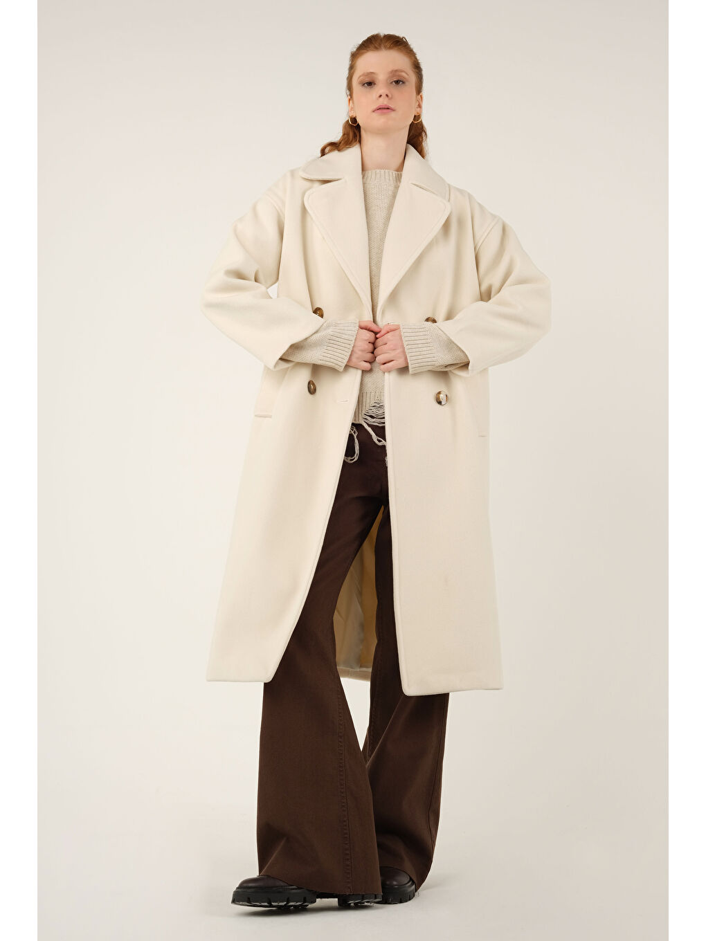 Kruvaze Düğmeli Kaşe Kaban Ekru-1