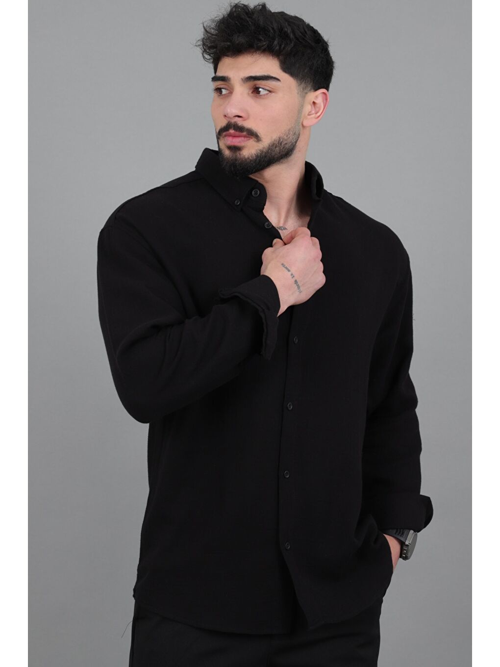 Siyah Oversize Müslin Yazlık Uzun Kol Gömlek MRS 202_40417-1