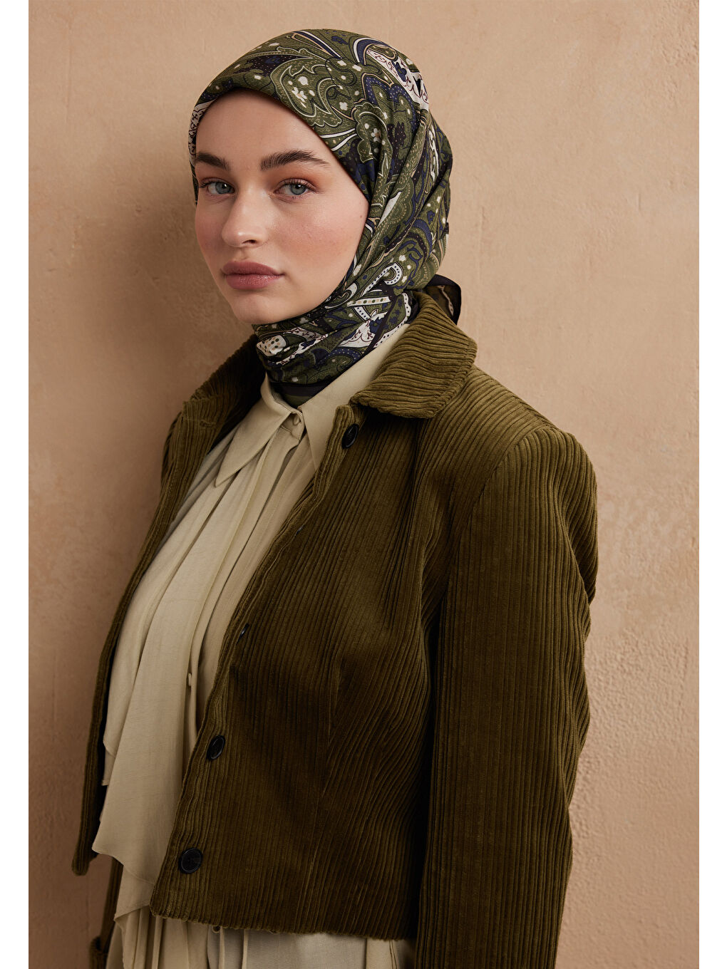 Sıara Desen Pamuk İpek Eşarp Askeri Yeşil-2