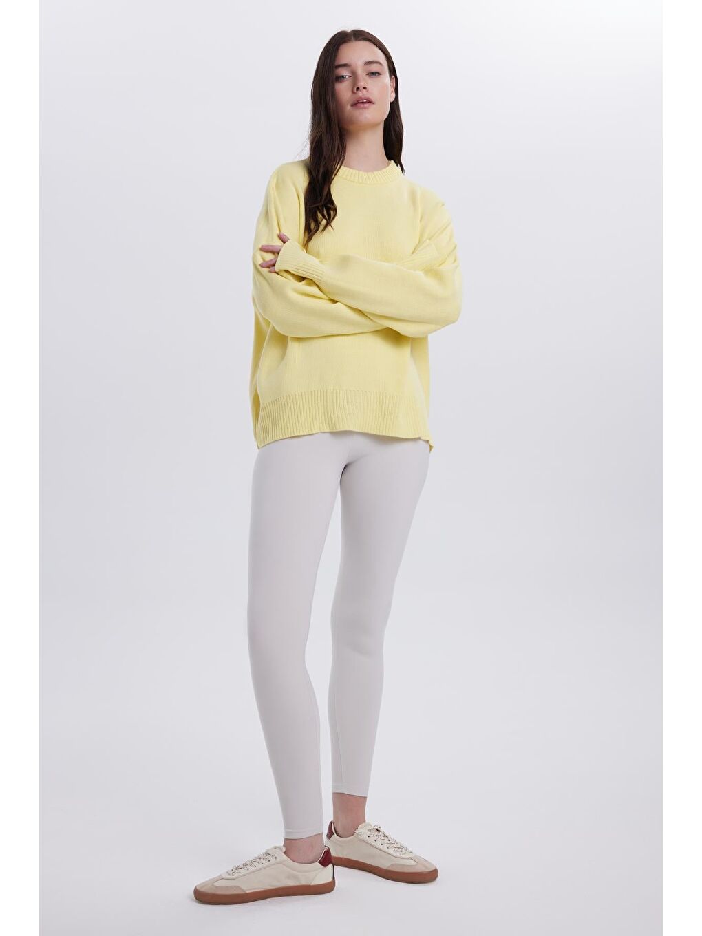 Kadın Oversize Geniş Kesim Bisiklet Yaka Sarı Kazak-3