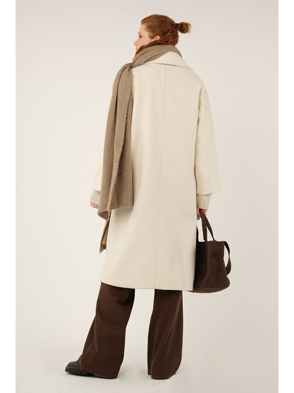 Kruvaze Düğmeli Kaşe Kaban Ekru-4