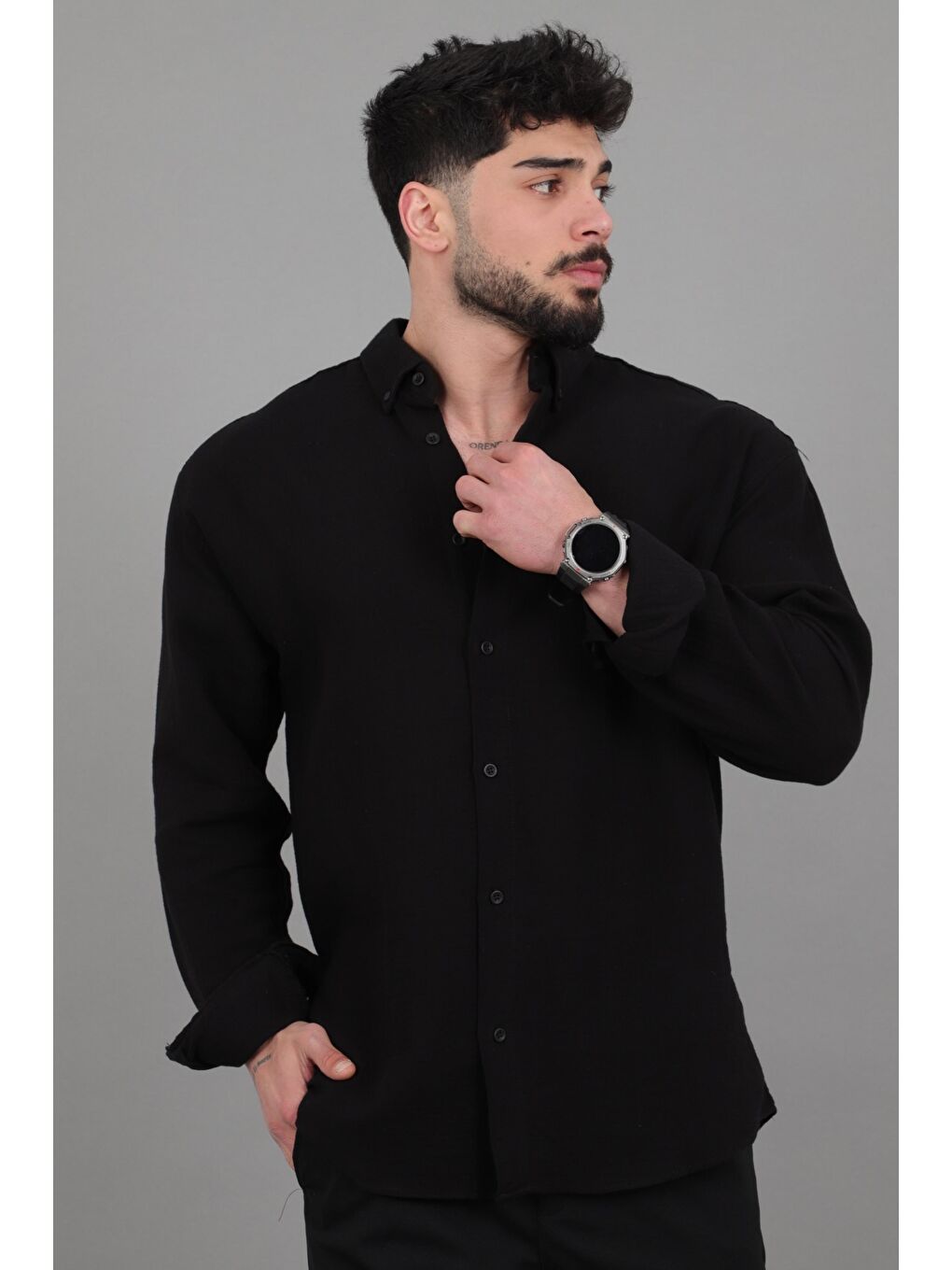 Siyah Oversize Müslin Yazlık Uzun Kol Gömlek MRS 202_40417-2