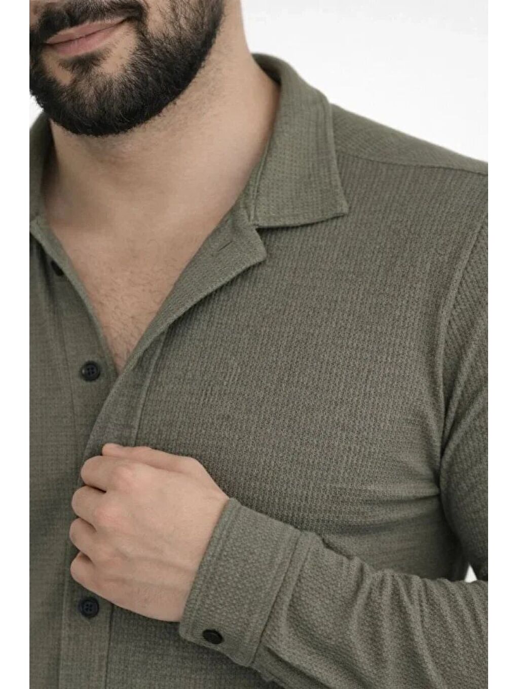 Erkek Waffle Kumaş Uzun Kollu Düğmeli Açık Yaka Regular Fit Gömlek - Haki-1