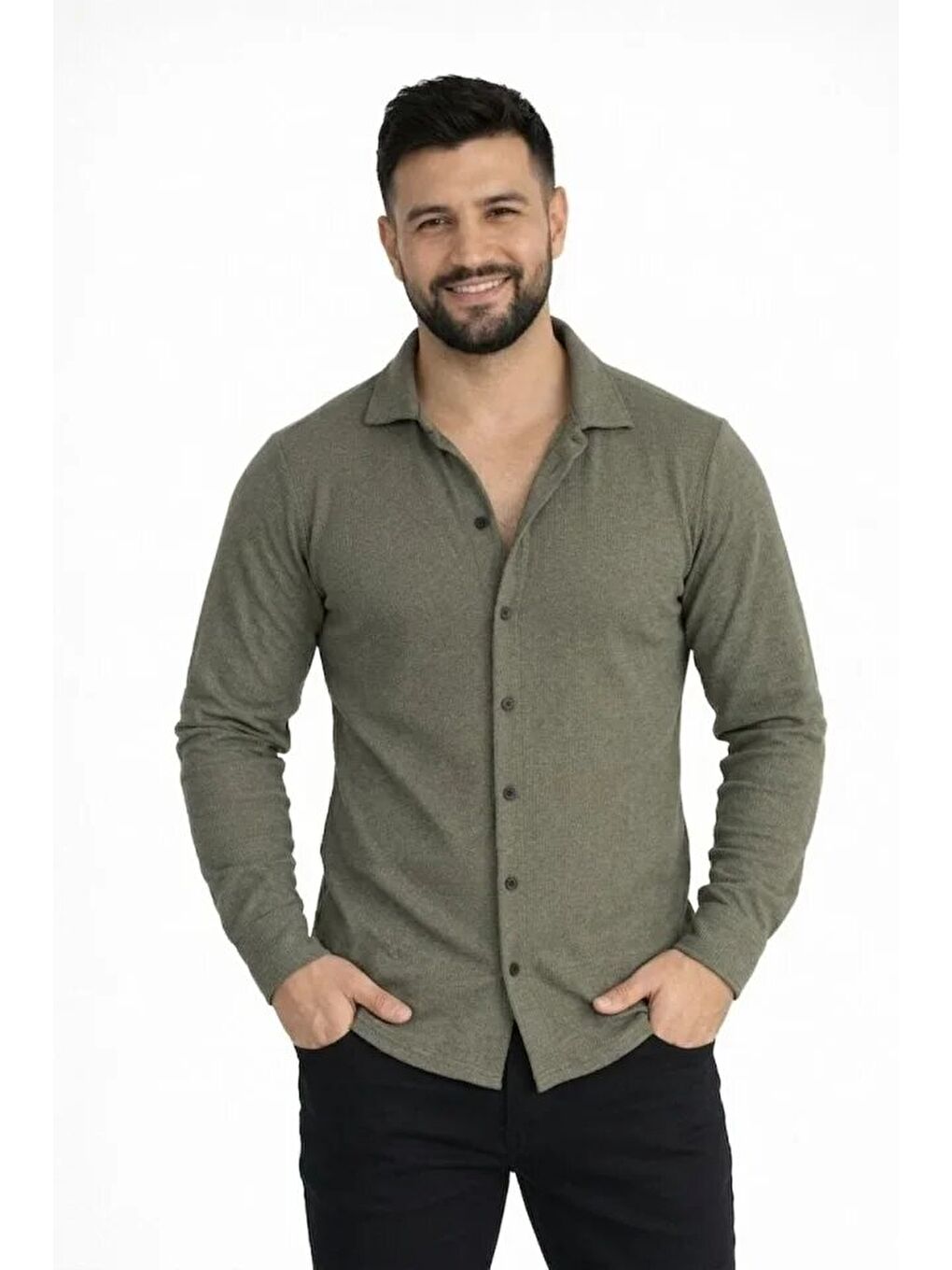 Erkek Waffle Kumaş Uzun Kollu Düğmeli Açık Yaka Regular Fit Gömlek - Haki-2
