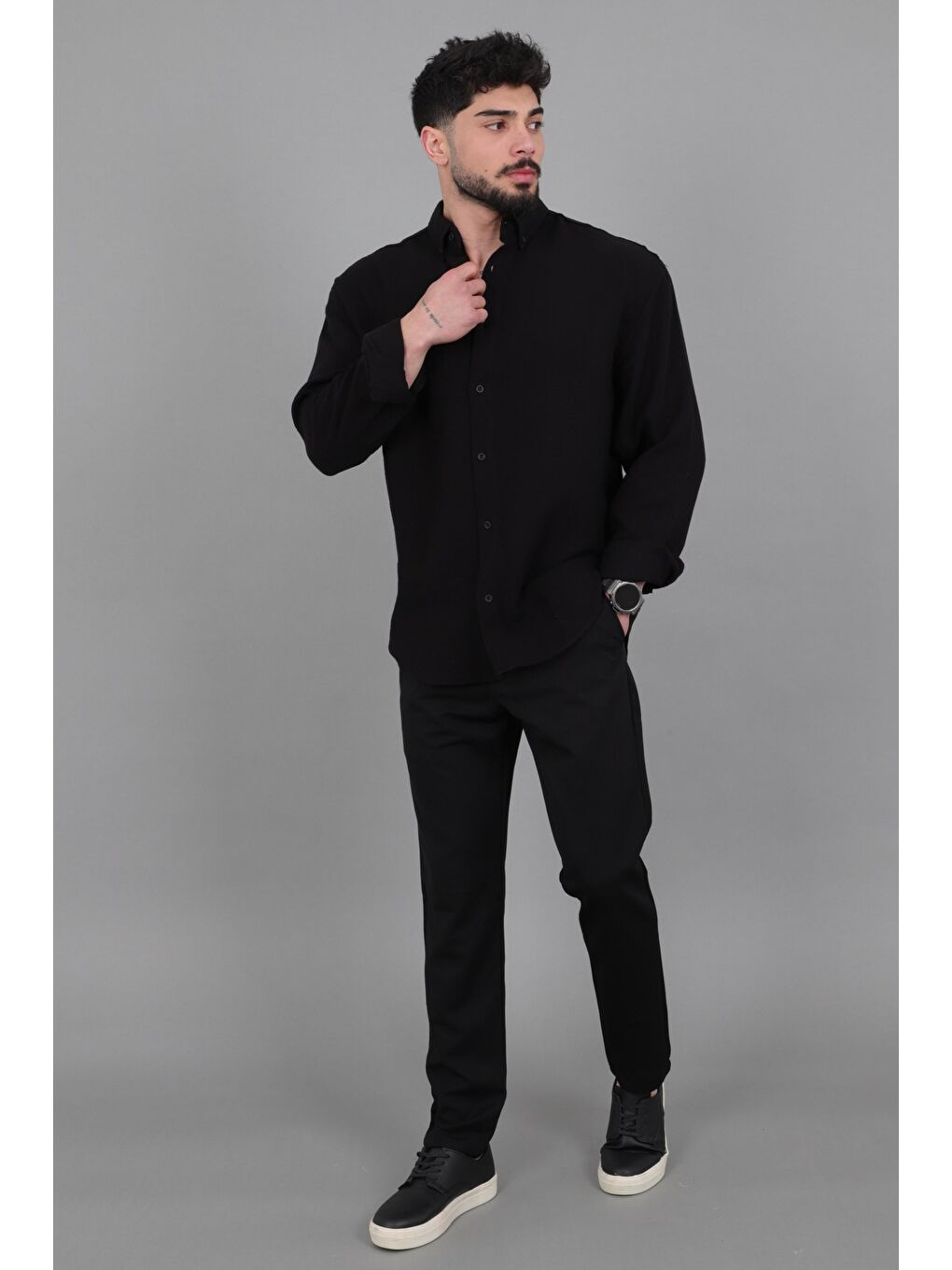 Siyah Oversize Müslin Yazlık Uzun Kol Gömlek MRS 202_40417-3