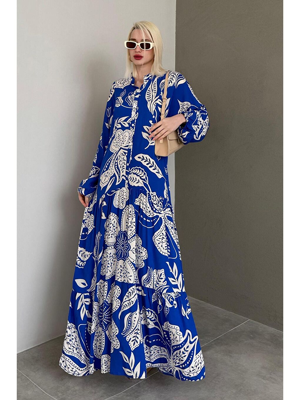 Mavi Saks Desenli Düğmeli Uzun Kollu Elbise Mg2397
