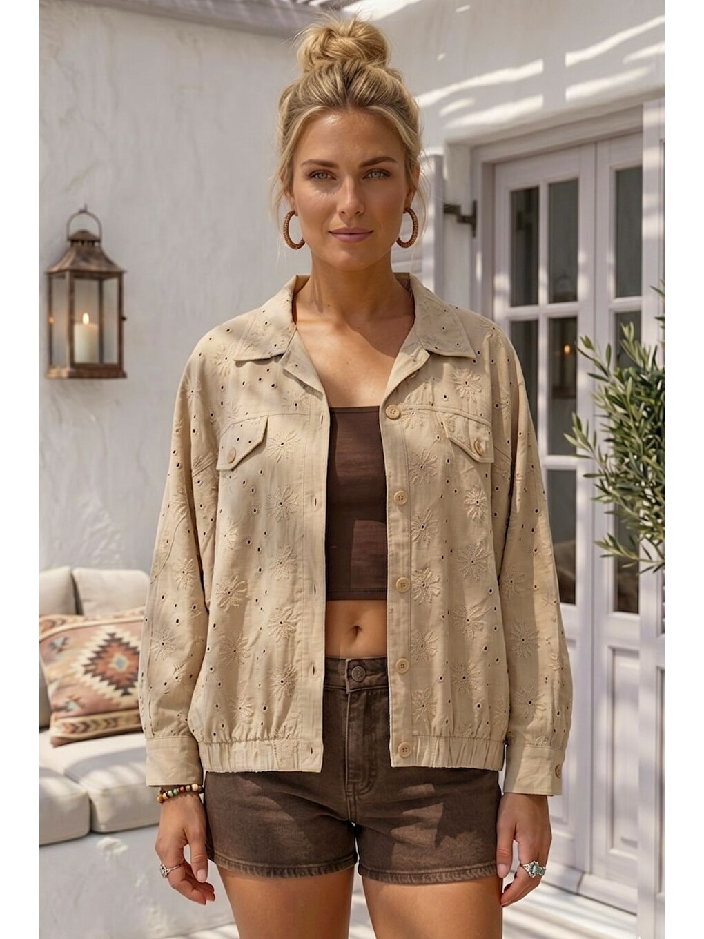Bej Gömlek Yaka 3/4 Kol Düğmeli Brodeli Delikişi Nakışlı Casual Pamuklu Oversize Dokuma Ceket 65 79-2