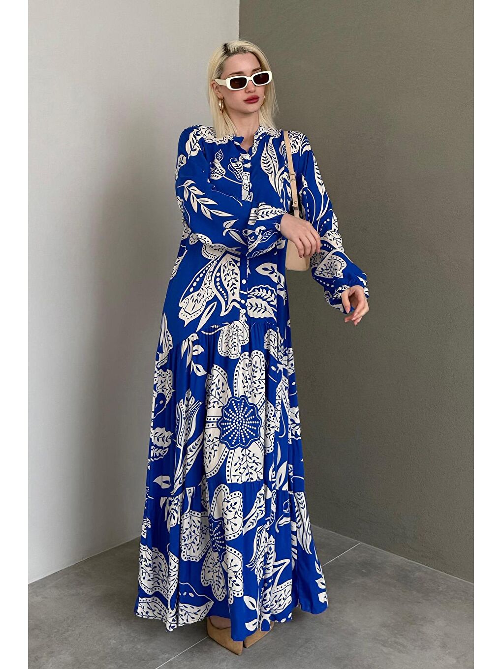 Mavi Saks Desenli Düğmeli Uzun Kollu Elbise Mg2397-1