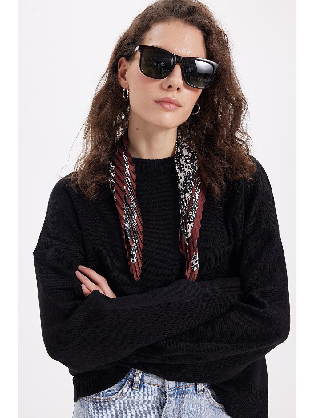 Kadın Oversize Geniş Kesim Bisiklet Yaka Siyah Kazak-3