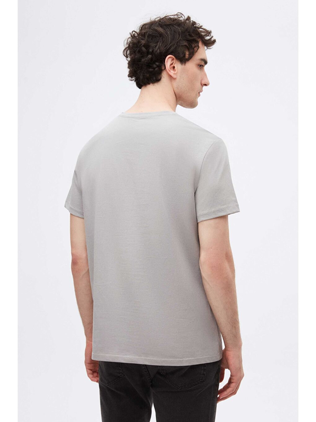 Slim Fit Gri V Yaka %100 Pamuk Tişört-2