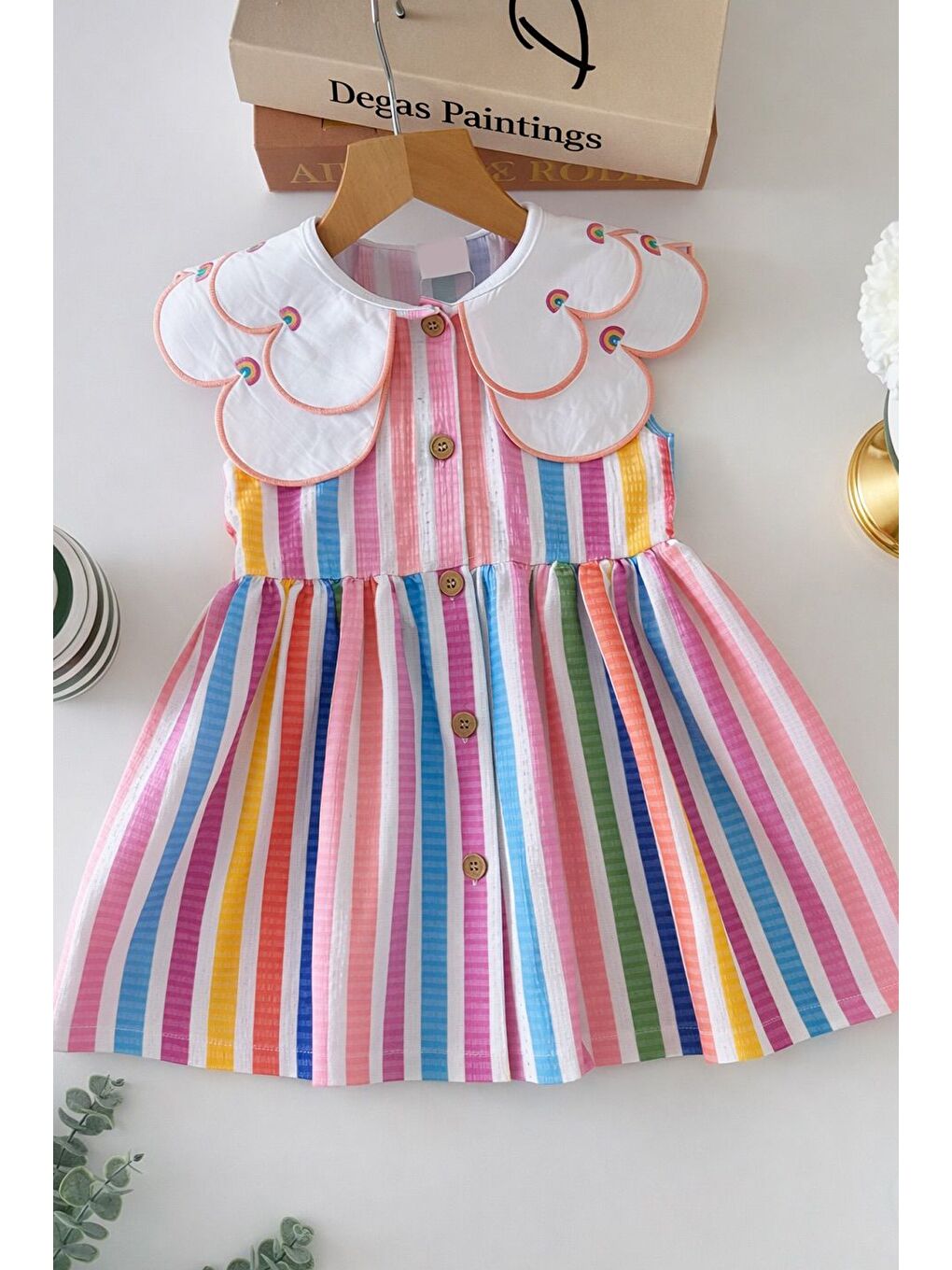 Pembe Kız Çocuk Renkli Yaka Detaylı Düğmeli Kolsuz Elbise