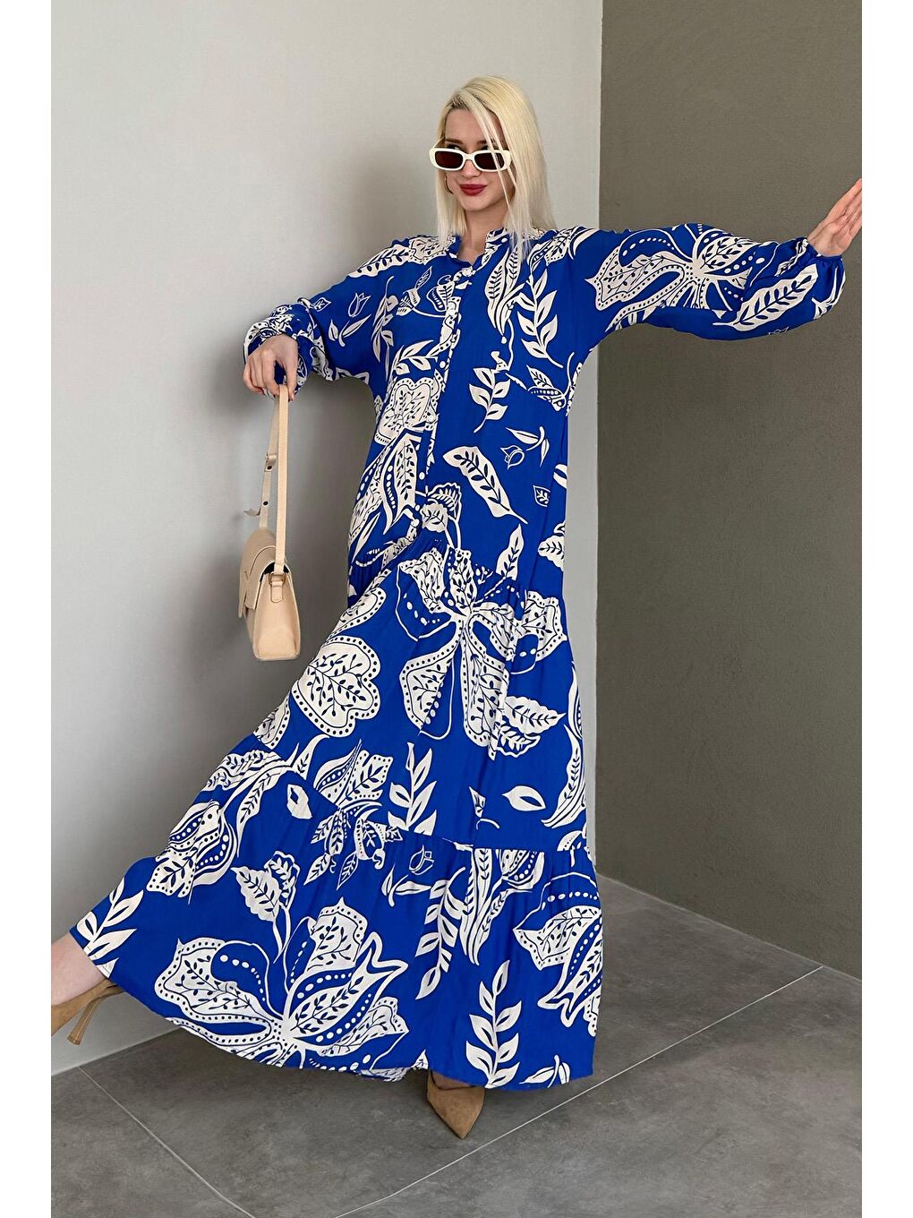 Mavi Saks Desenli Düğmeli Uzun Kollu Elbise Mg2397-2