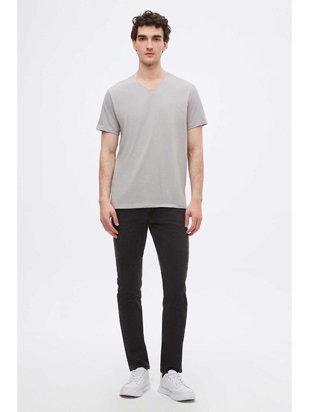 Slim Fit Gri V Yaka %100 Pamuk Tişört-3