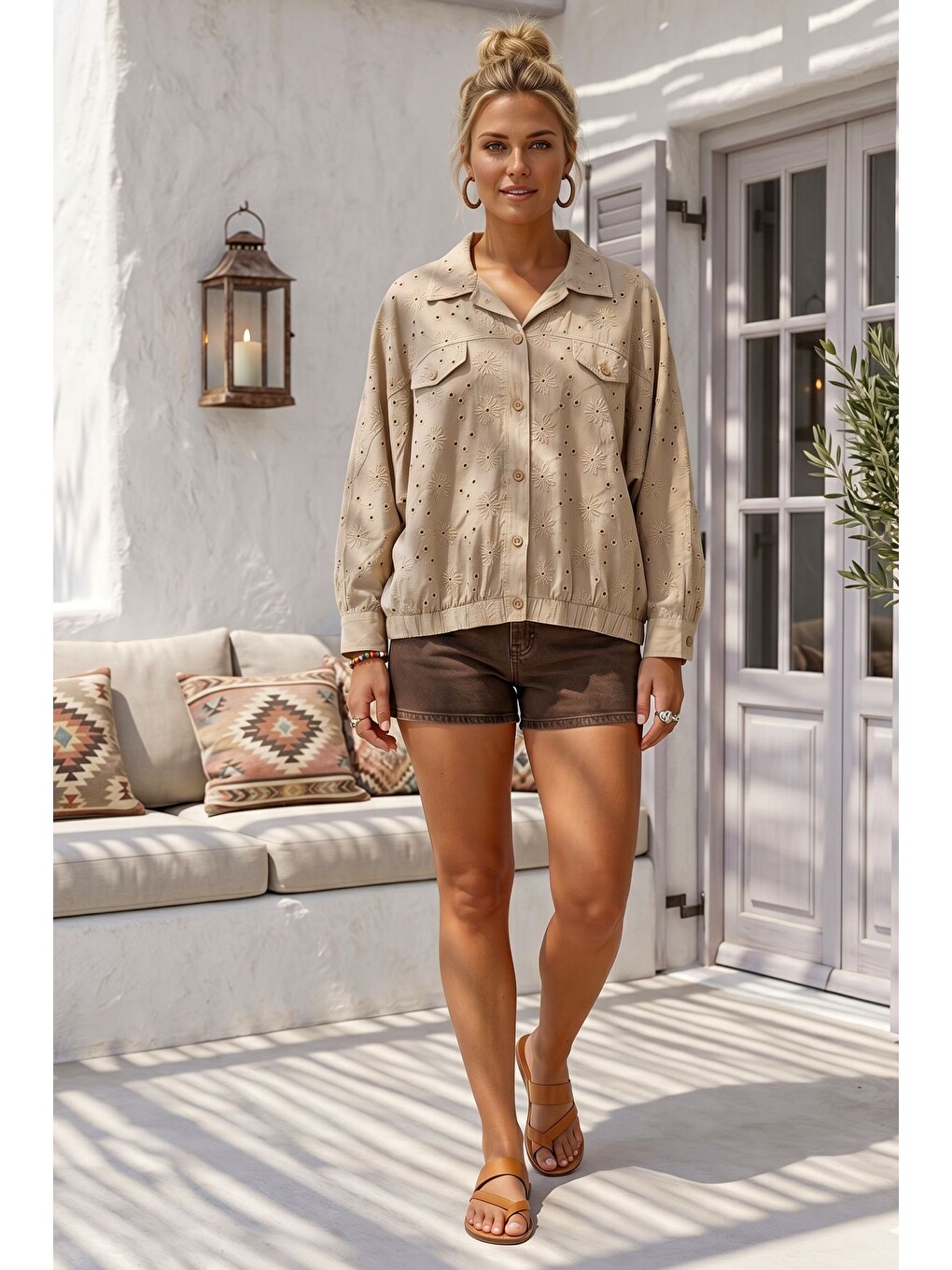 Bej Gömlek Yaka 3/4 Kol Düğmeli Brodeli Delikişi Nakışlı Casual Pamuklu Oversize Dokuma Ceket 65 79-5