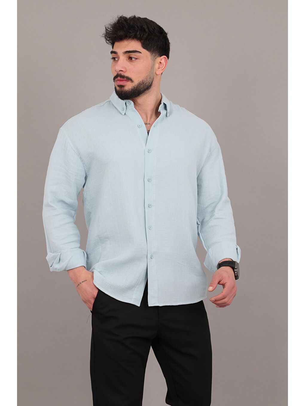 Mavi Oversize Müslin Yazlık Uzun Kol Gömlek MRS 202_40417