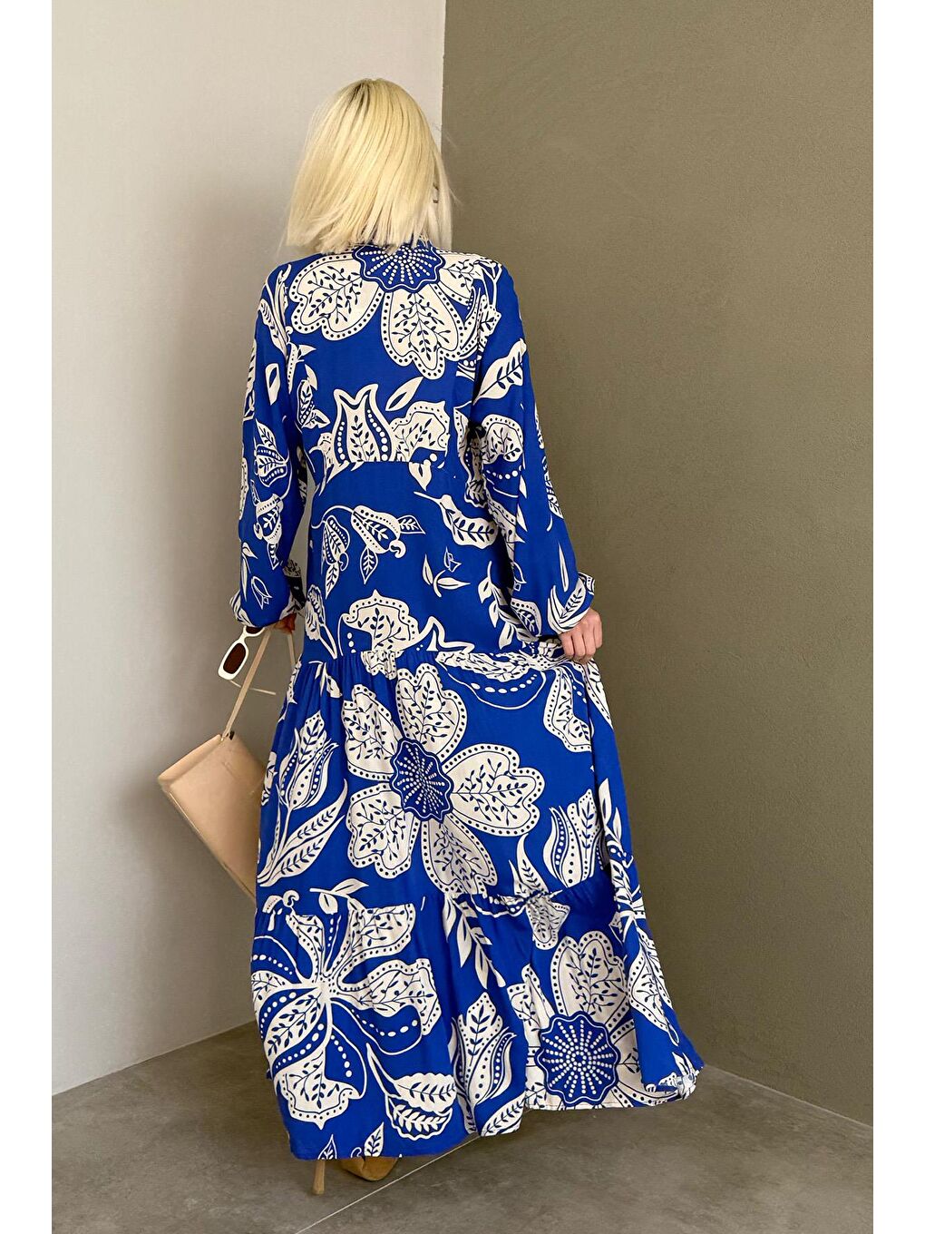 Mavi Saks Desenli Düğmeli Uzun Kollu Elbise Mg2397-3