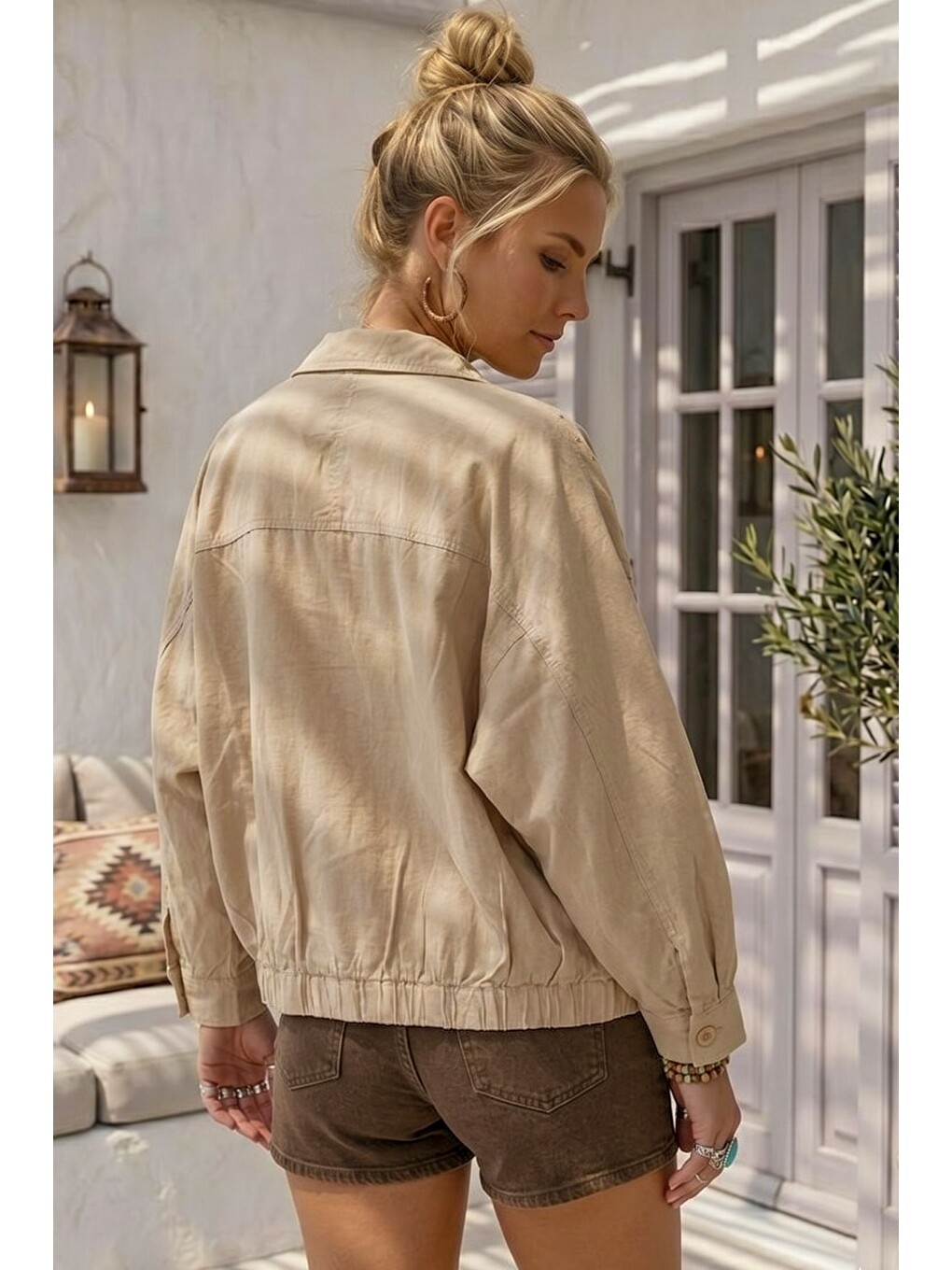 Bej Gömlek Yaka 3/4 Kol Düğmeli Brodeli Delikişi Nakışlı Casual Pamuklu Oversize Dokuma Ceket 65 79-7