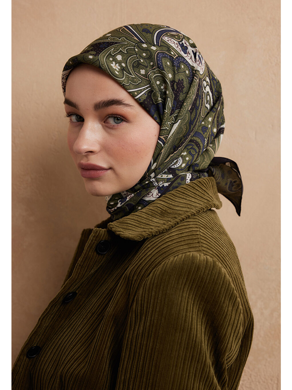 Sıara Desen Pamuk İpek Eşarp Askeri Yeşil-3