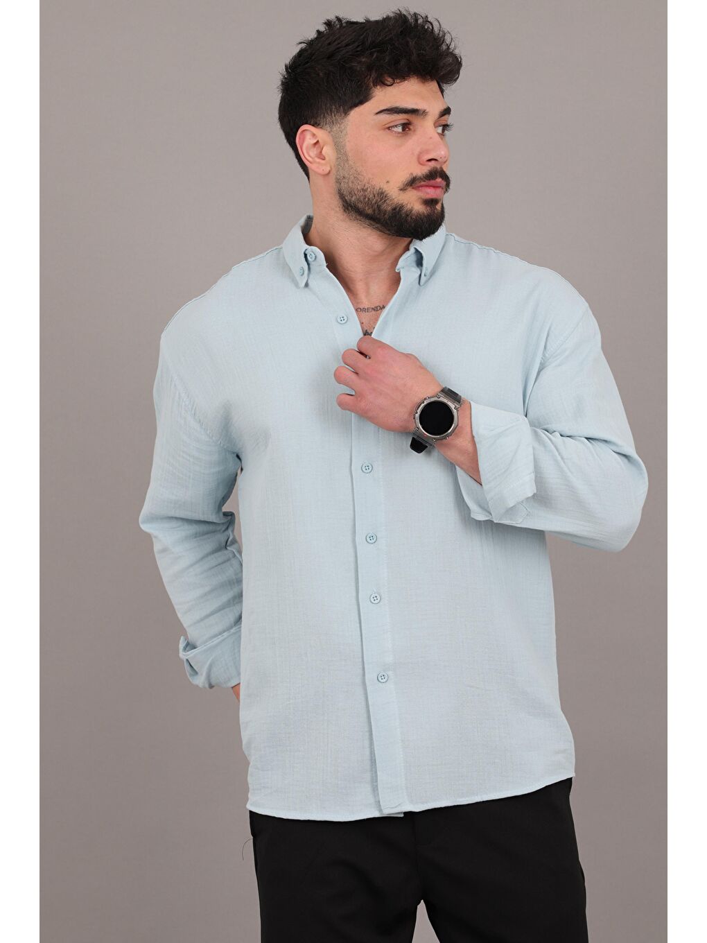 Mavi Oversize Müslin Yazlık Uzun Kol Gömlek MRS 202_40417-1