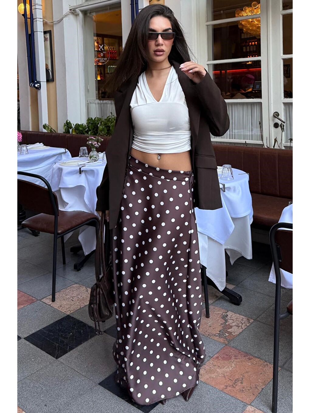 Kahverengi Puantiyeli Maxi Kadın Saten Etek Mg2725-1