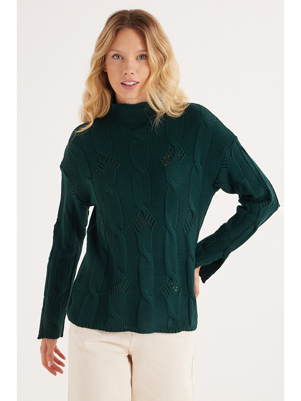 Karışık Kadın 3'Lü Paket Siyah-Gri-Yeşil Regular Fit Klasik Kesim Yarım Balıkçı Yaka Örgü Desenli Kazak-2